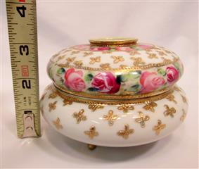 ANTIQUE PORCELAIN HAIR RECEIVER POWDER BOX VANITY SET MORIMURA NIPPON PINK ROSES